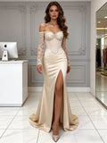 Off The Shoulder Beading Long Sleeve Satin Trumpet Mermaid Prom Dress With Slit