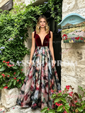 V Neck Velvet Print Tie Straps A Line Prom Dress