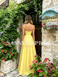 Spaghetti Straps Satin A Line Bow Yellow Ruched Prom Dress