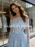 Off The Shoulder Long Sleeve Blue Lace Wedding Dress