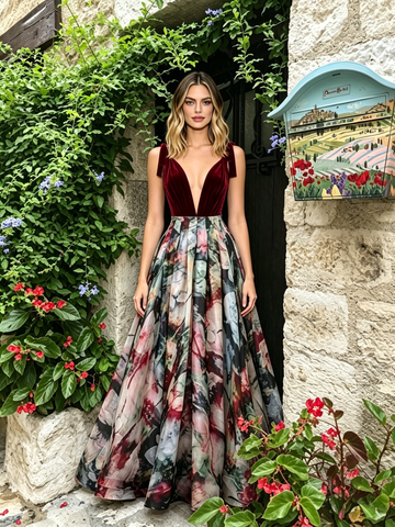 V Neck Velvet Print Tie Straps A Line Prom Dress