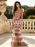 Rainbow Tulle A-Line Sheath Ruffled Prom Dress