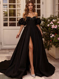 Black Sweetheart Beading A Line Satin Prom Dress With Slit