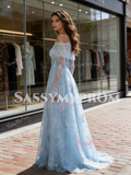 Off The Shoulder Long Sleeve Blue Lace Wedding Dress
