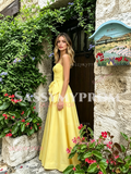 Spaghetti Straps Satin A Line Bow Yellow Ruched Prom Dress