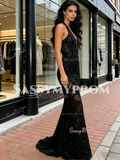 Halter V Neck Black Trumpet Mermaid Beading Prom Dress