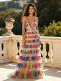V Neck Rainbow Sequin A Line Backless Tulle Prom Dress