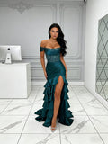 Green Off The Shoulder Beading Ruched Trumpet Mermaid Prom Dress