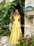 Spaghetti Straps Satin A Line Bow Yellow Ruched Prom Dress