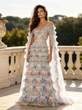 Ombre Sequin V Neck A Line Cape Ruffled Prom Dress