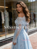 Off The Shoulder Long Sleeve Blue Lace Wedding Dress