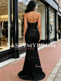 Halter V Neck Black Trumpet Mermaid Beading Prom Dress