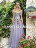 Sweetheart Flower Appliques Lilac Purple Tulle Prom Dress