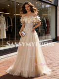 Champagne Tulle Ruffles Feather Beading A Line Prom Dress