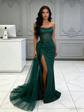 Green Detachable Train Trumpet Mermaid Sequin Prom Dress With Slit