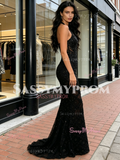 Halter V Neck Black Trumpet Mermaid Beading Prom Dress
