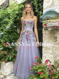 Sweetheart Flower Appliques Lilac Purple Tulle Prom Dress