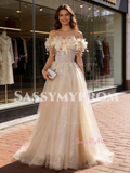Champagne Tulle Ruffles Feather Beading A Line Prom Dress