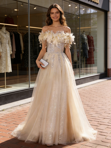 Champagne Tulle Ruffles Feather Beading A Line Prom Dress