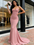Pink Trumpet Mermaid Spaghetti Straps Satin Prom Dress