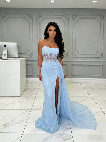 Light Blue Beading Sweetheart Trumpet Mermaid Prom Dress With Slit