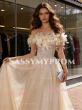 Champagne Tulle Ruffles Feather Beading A Line Prom Dress