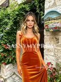 Spaghetti Straps Velvet Trumpet Mermaid Prom Dress With Gloves