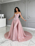 Pink Off The Shoulder Sparkle Tulle Trumpet Mermaid Prom Dress