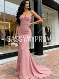Pink Trumpet Mermaid Spaghetti Straps Satin Prom Dress