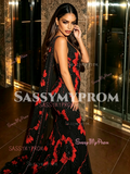 Red Beading V Neck Cape Trumpet Mermaid Prom Dress