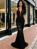 Halter V Neck Black Trumpet Mermaid Beading Prom Dress