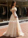 Champagne Tulle Ruffles Feather Beading A Line Prom Dress