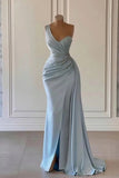 One Shoulder Trumpet Mermaid Light Blue Beading Prom Dress
