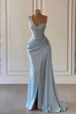 One Shoulder Trumpet Mermaid Light Blue Beading Prom Dress