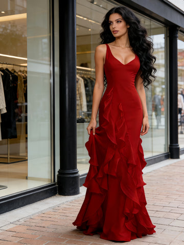 V Neck Sheath Column Chiffon Burgundy Ruffles Prom Dress