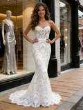 Sweetheart Trumpet Mermaid Lace Sweep Train Wedding Dress