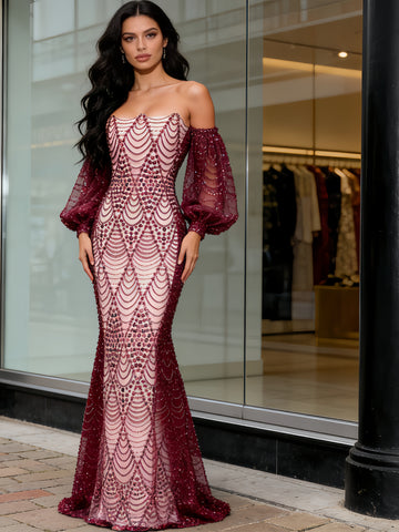 Long Sleeves Strapless Beading Trumpet Mermaid Prom Dress