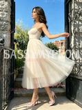 Spaghetti Straps A Line Tulle Tea Length White Homecoming Dress
