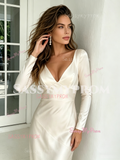 V Neck Open Back Elastic Satin Long Sleeve Wedding Dress