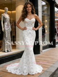 Sweetheart Trumpet Mermaid Lace Sweep Train Wedding Dress