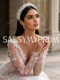 Sequin Floral V Neck Pink Long Sleeve Tulle Prom Dress