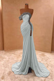 Crystal Royal Blue One Shoulder Ruched Prom Dress with Slit