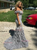 Gray Off The Shouler Feather Trumpet Mermaid Appliques Prom Dress