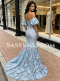 Blue Puffy Sleeve Mesh Trumpet Mermaid Lace Prom Dress