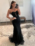 Tulle Lace Black See Through Trumpet Mermaid Prom Dress
