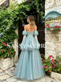 Puffy Sleeves Blue Tulle Layer A Line Beading Prom Dress