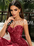 Burgundy Sweetheart Lace A-Line Tulle Prom Dress