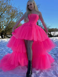 High Low Hot Pink Tulle Layers Prom Dress