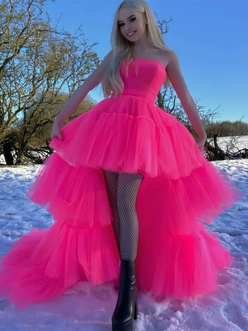 High Low Hot Pink Tulle Layers Prom Dress