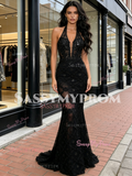 Halter V Neck Black Trumpet Mermaid Beading Prom Dress